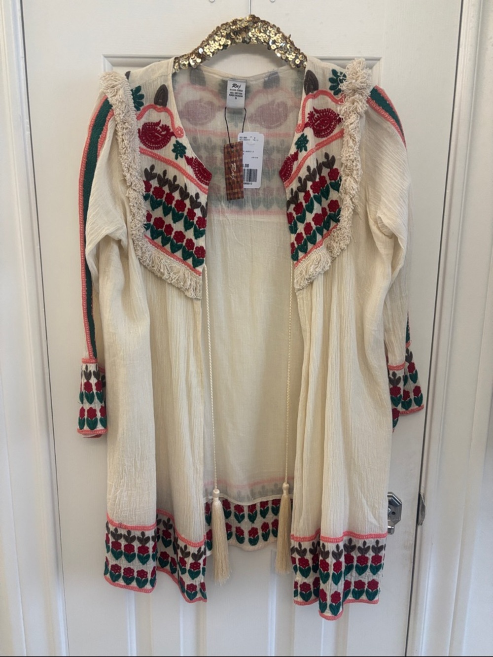 Forever 21 Cream Embroidered Long Sleeve Boho Cardigan with Red & Green Accents
